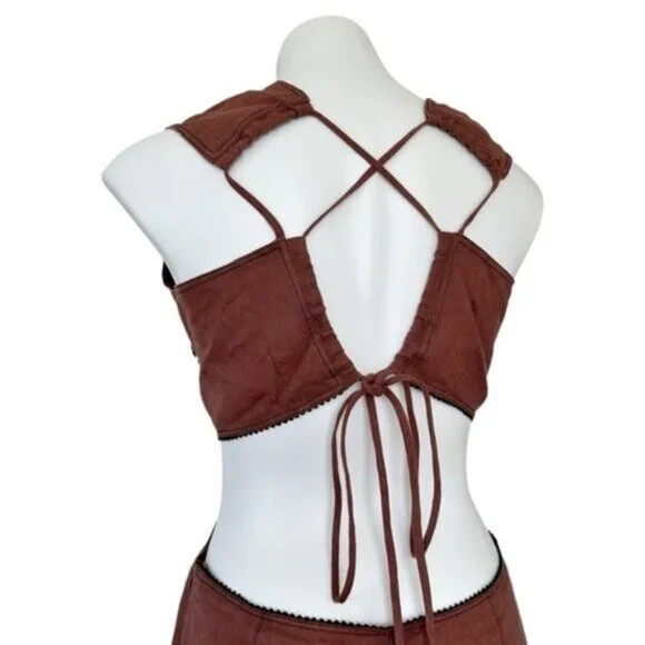 Ganni Bead Embellished Hemp Cut Out Root Beer Brown Midi Dress Size L - Picture 10 of 15